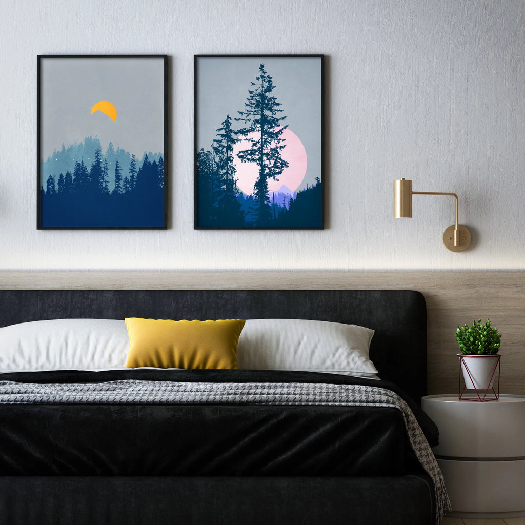 A set of two wall art prints featuring the moonlit Pacific Northwest forest.