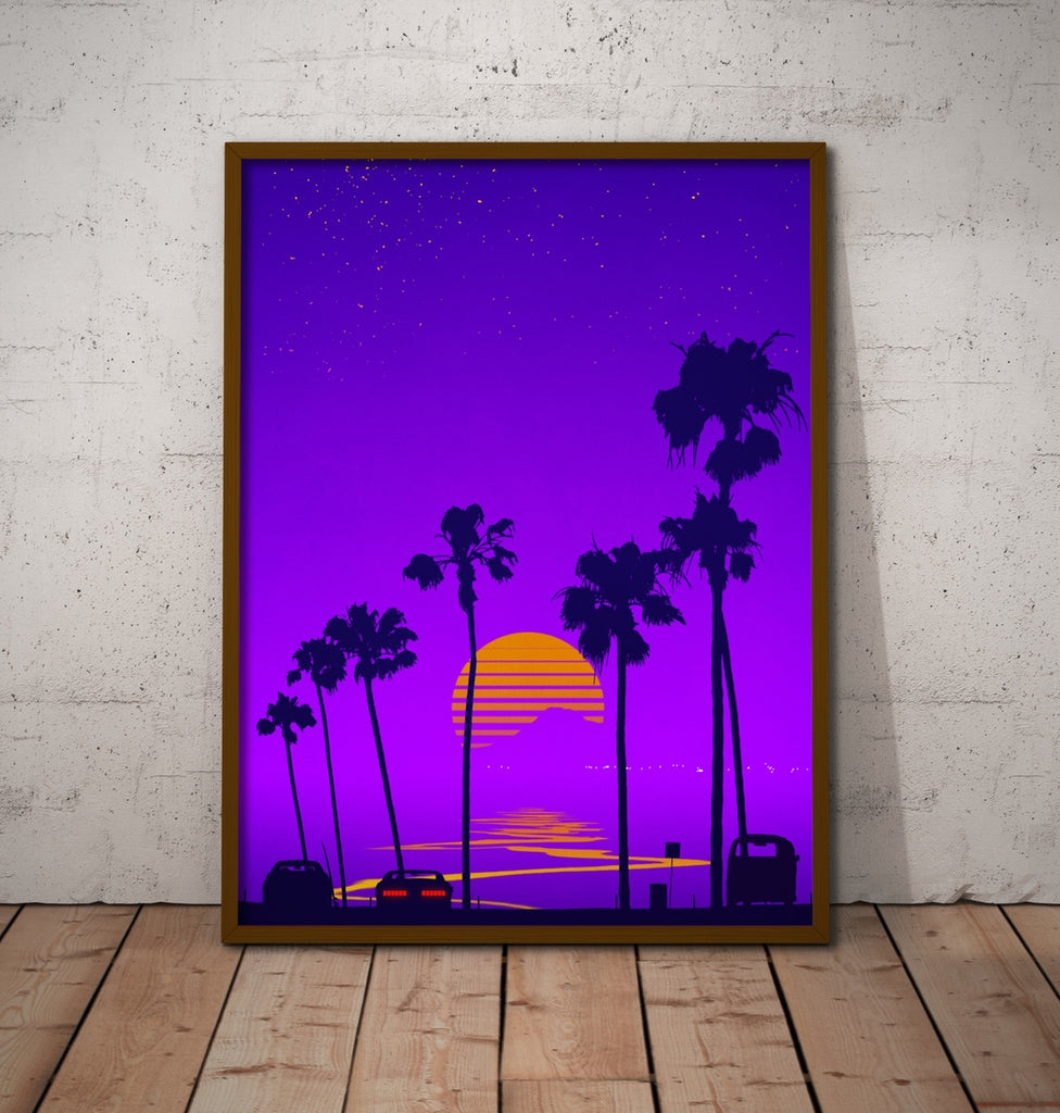 A retrowave canvas art print featuring warm California sunset. 
