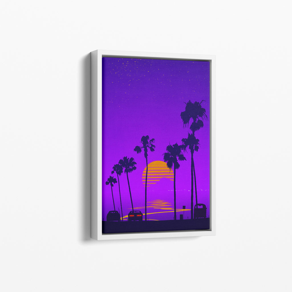 A minimalist art synthwave poster of beach sunset and palm trees.