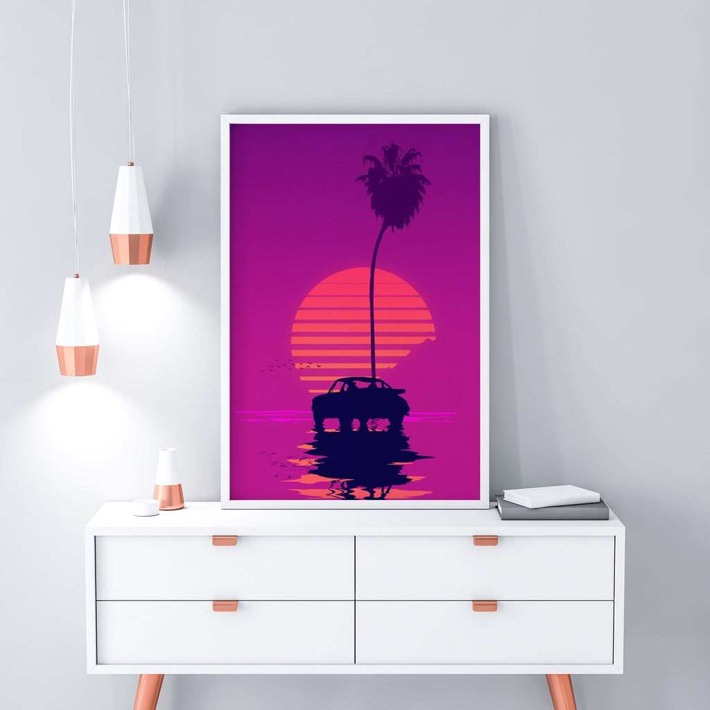 80's California with a synthwave sun keeping everything warm in this stylish canvas artwork.