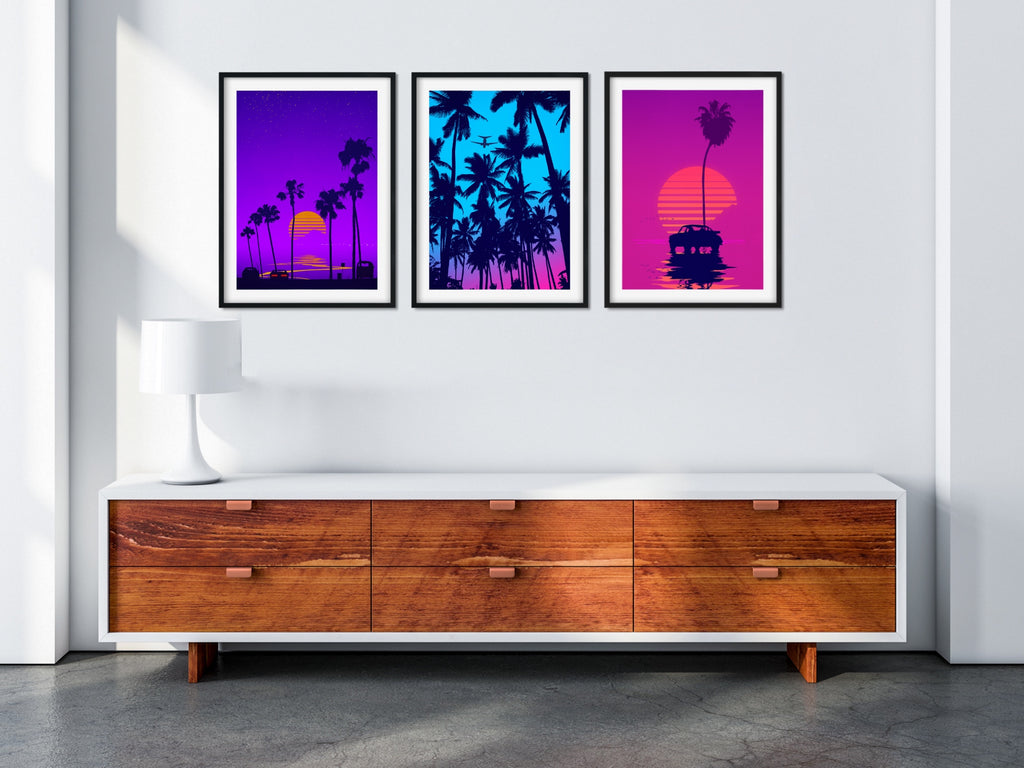 a set of three of our popular Southern California retrowave wall art prints in vibrant 80's colors.