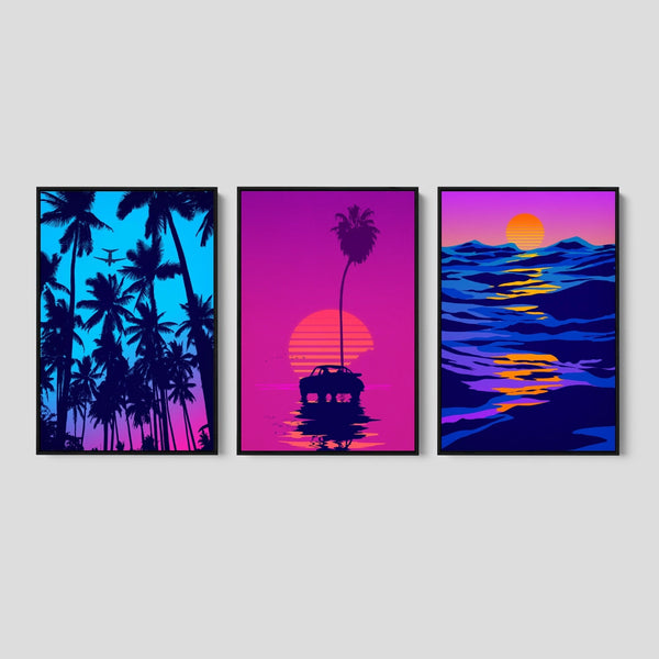 3 Piece Retrowave Wall Print Set in Vibrant 80's colors.