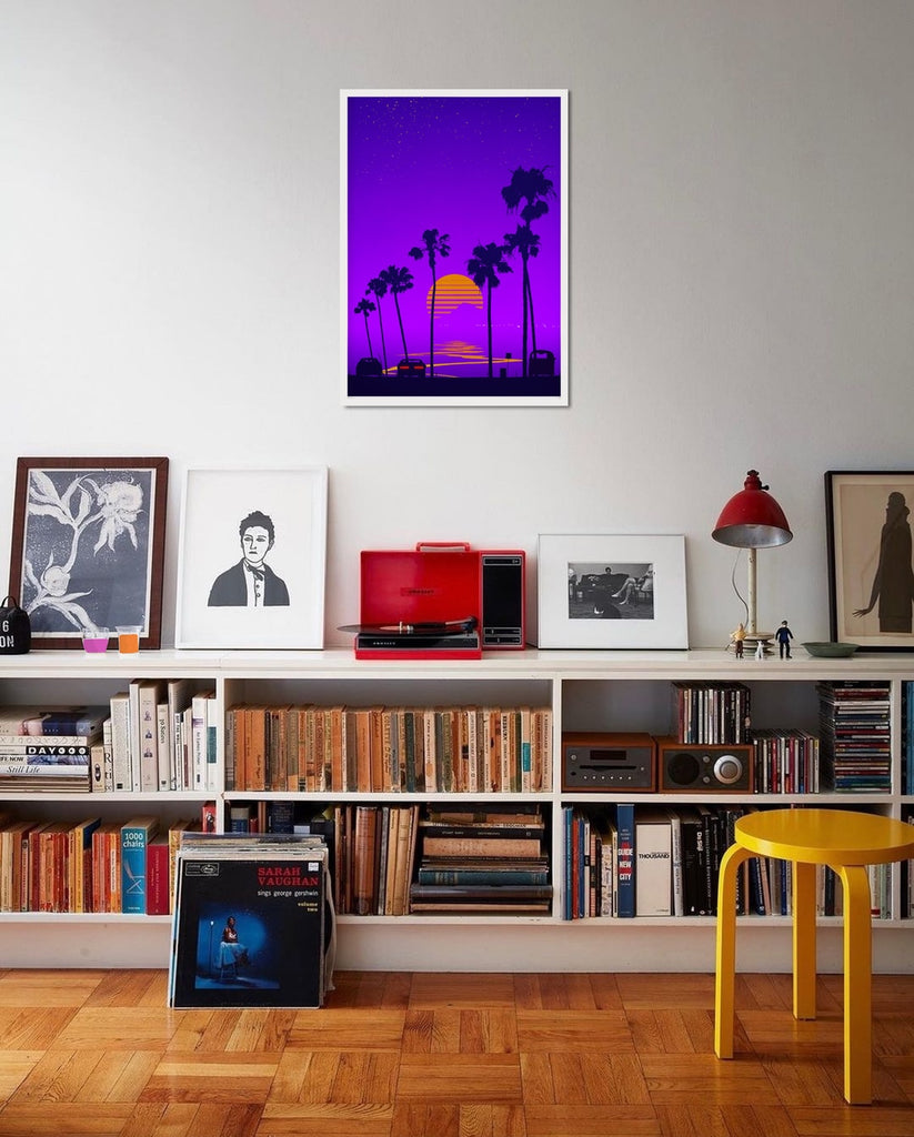 Framed Cyberpunk Art Poster Featuring Palm Trees at Sunset.