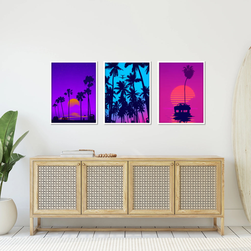 a set of three of our popular Southern California retrowave wall art prints in vibrant 80's colors.