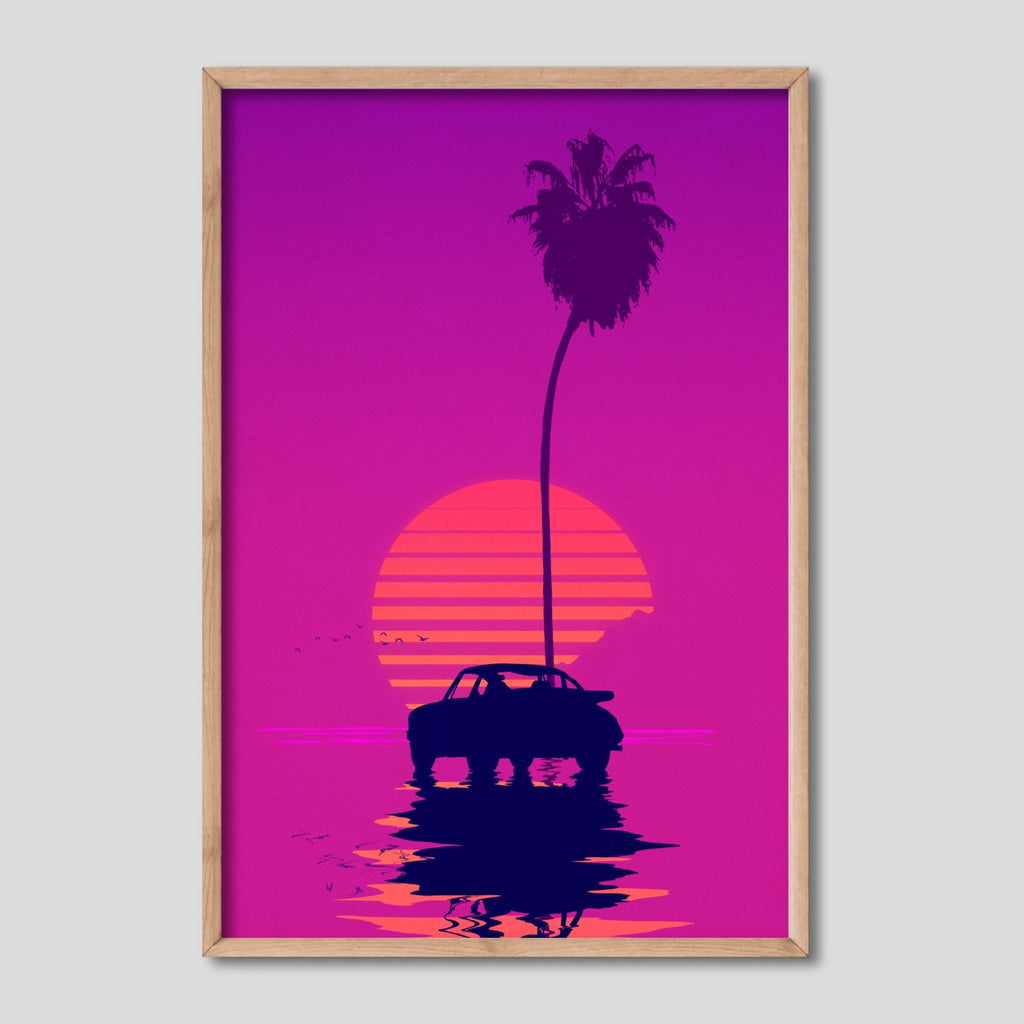 A vertical retrowave art poster featuring Porsche and a palm tree.