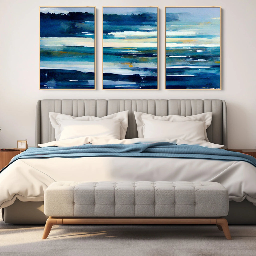Large modern abstract acrylic wall decor set in shades of blue.