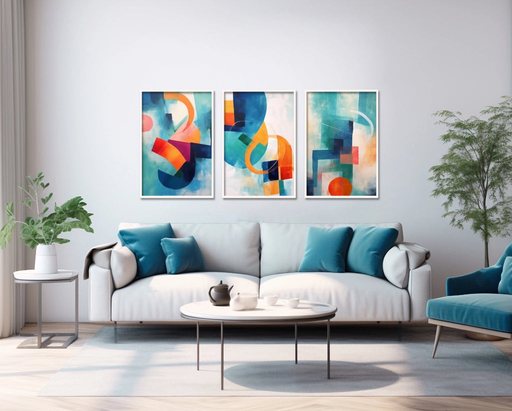 A set of three mid century modern inspired abstract prints in vibrant colors.