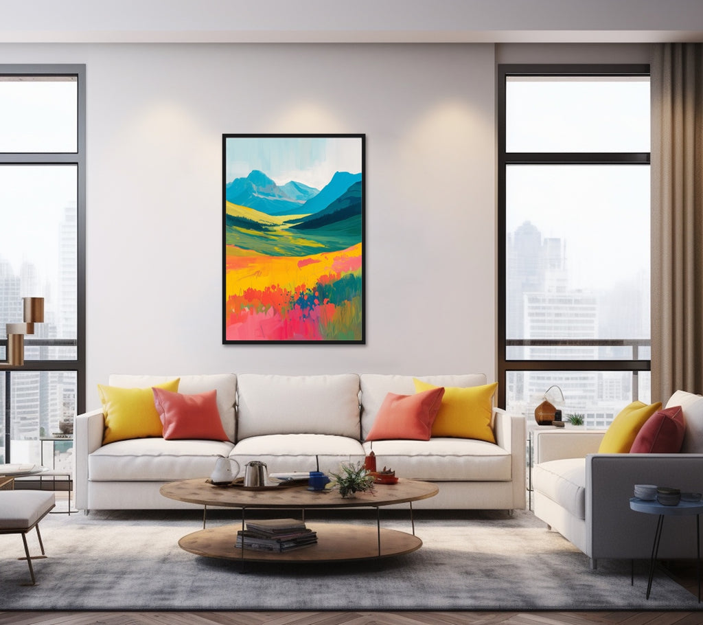 A vibrant abstract art print featuring spring alpine scene. 