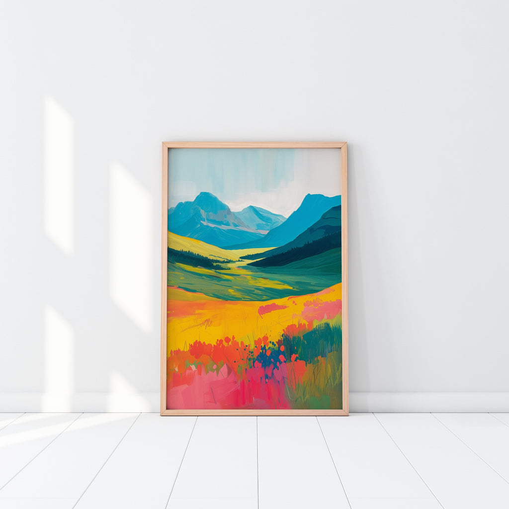 A colorful nature canvas artwork featuring mountains and valleys of blooming flowers.