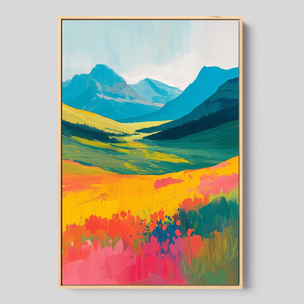 A Modern Mountain Landscape Canvas Art in bright colors.