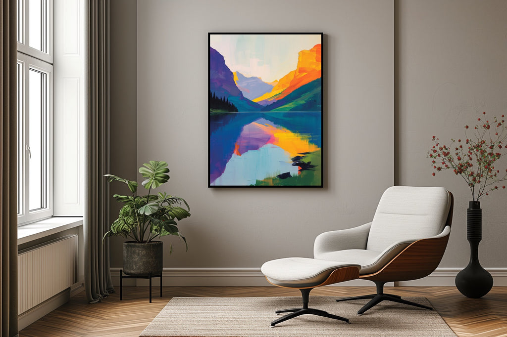 A colorful abstract landscape art print featuring a lake in the mountains.
