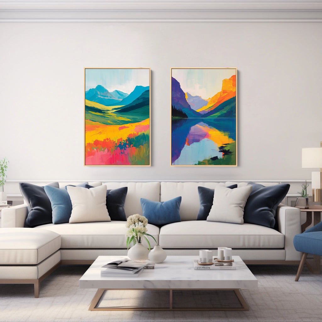 An abstract mountain landscape art print set in vivid hues.