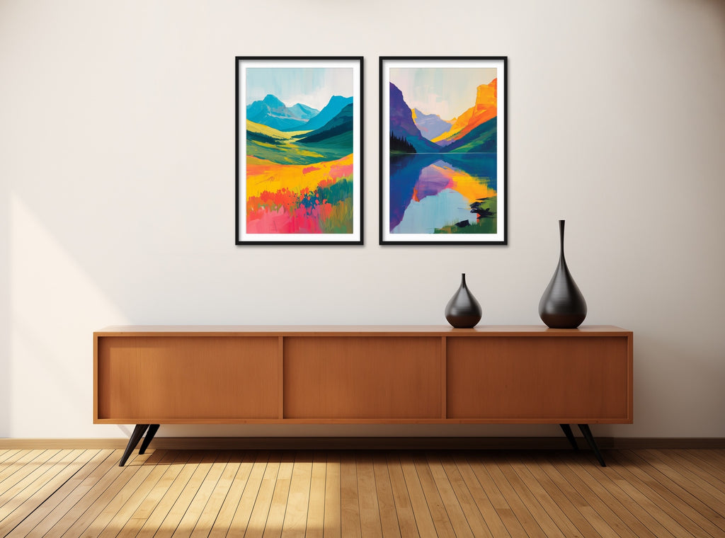 Large colorful nature canvas wall art featuring spring mountain scene.