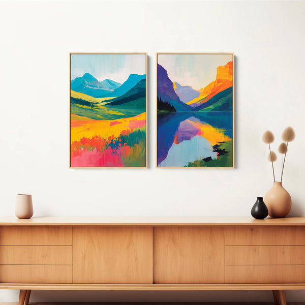 Large colorful nature canvas wall art featuring spring mountain scene.