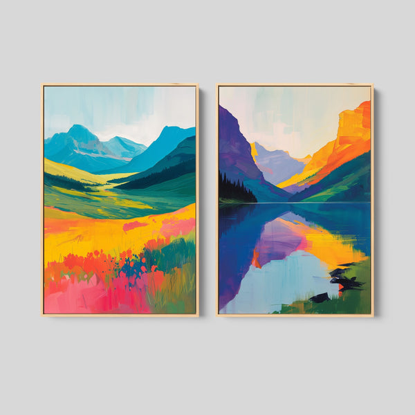 Set of 2 Alpine Mountain Paintings in bright colors.