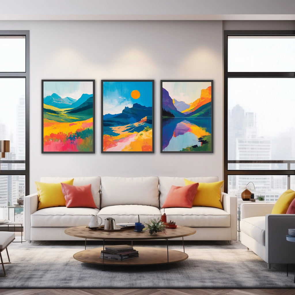 A 3 piece alpine landscape art print set in vivid hues. 
