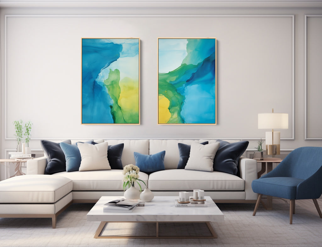 2 piece vibrant abstract home decor in blue green and yellow.