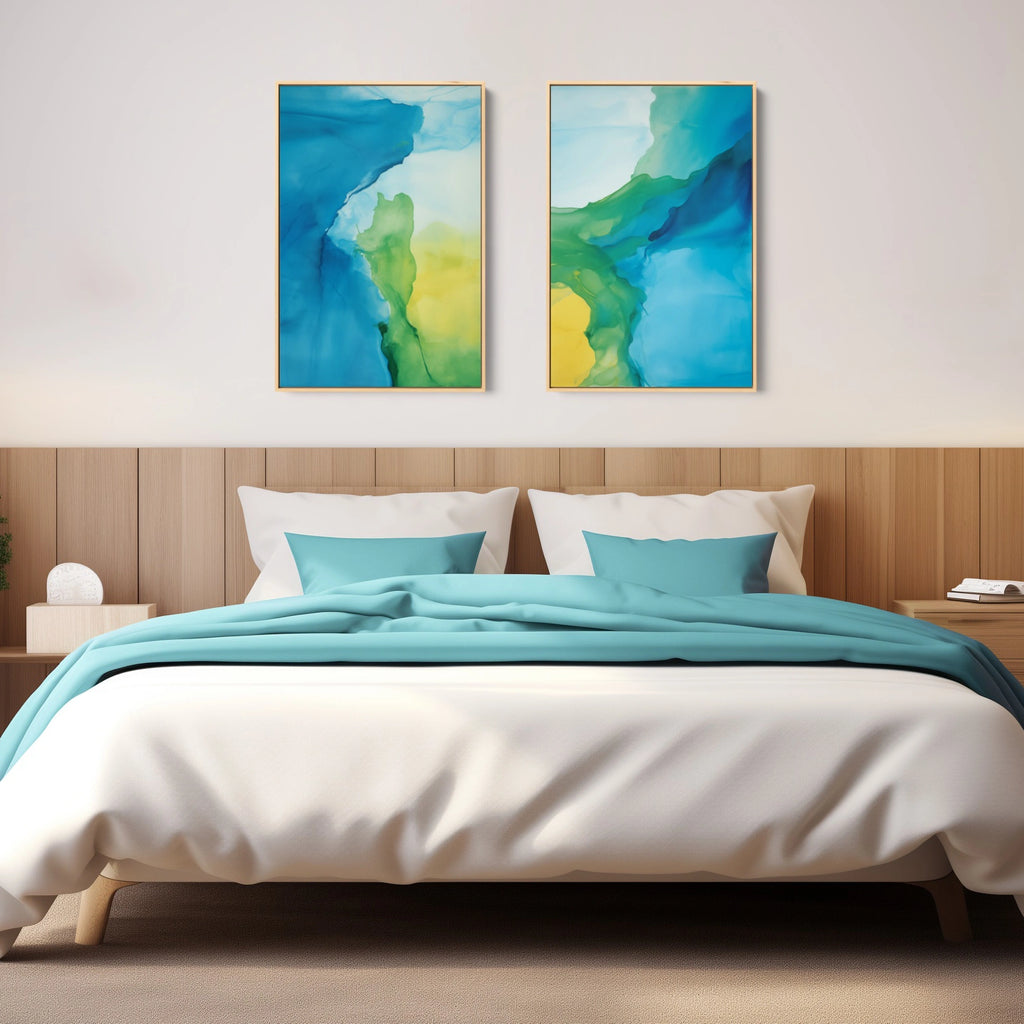 A set of two vibrant abstract art prints in blue and green.