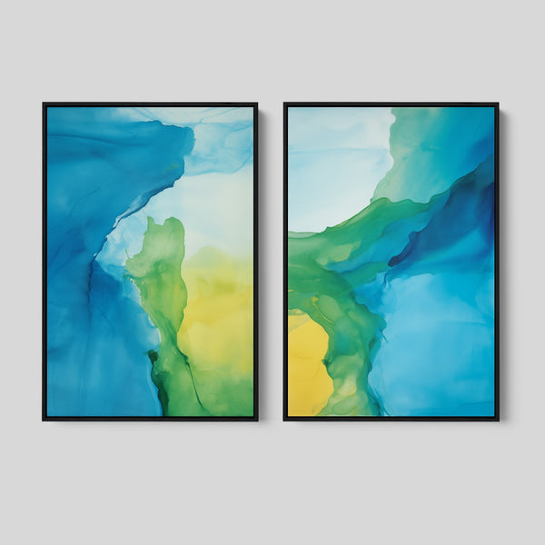 Modern Fluid Abstract Artwork Set in Blue and Green.