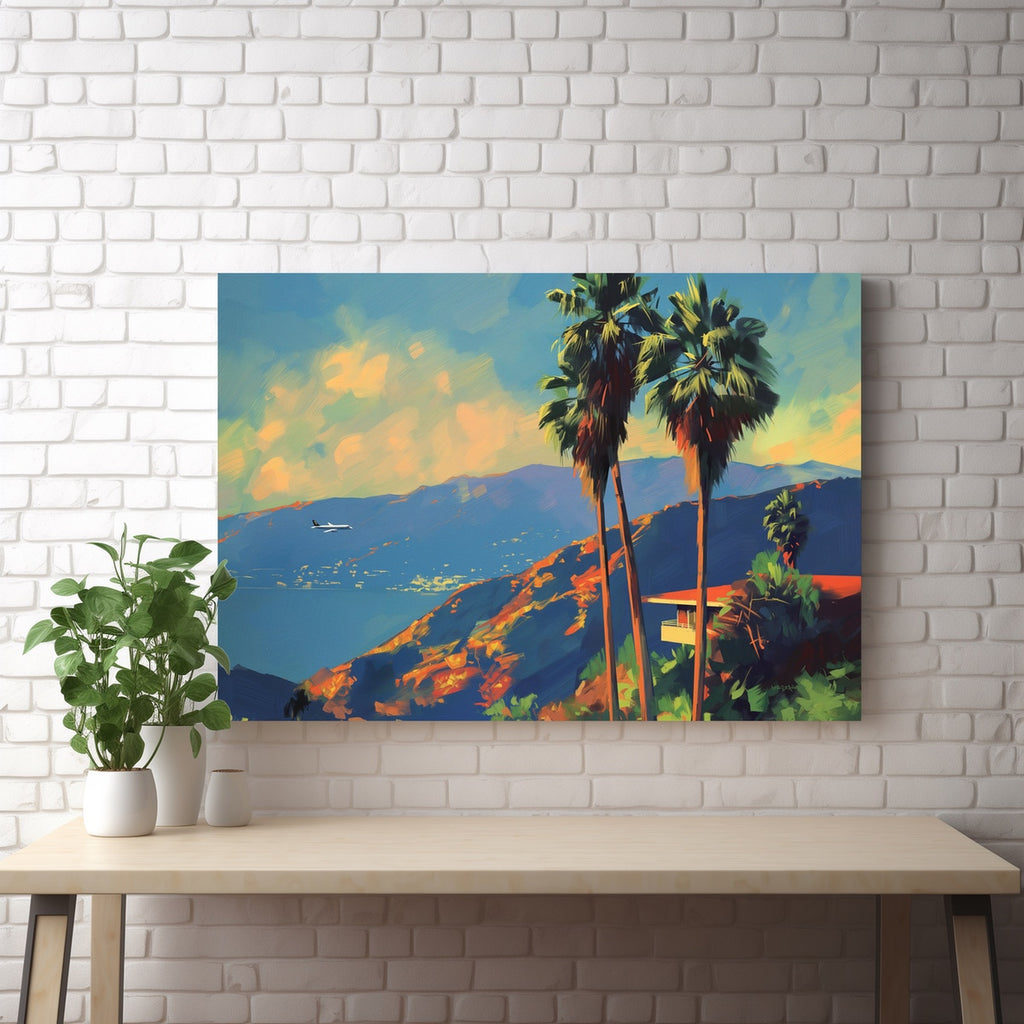 A large mid century inspired landscape wall decor in mid century colors.