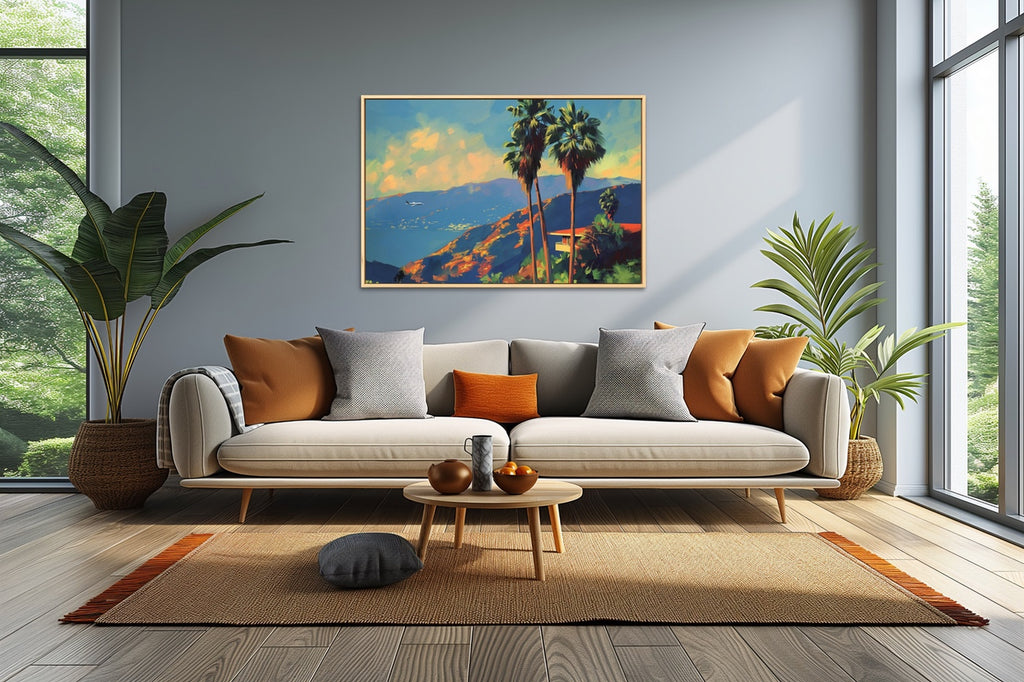 A vibrant tropical artwork with palm trees, hills and an airplane.