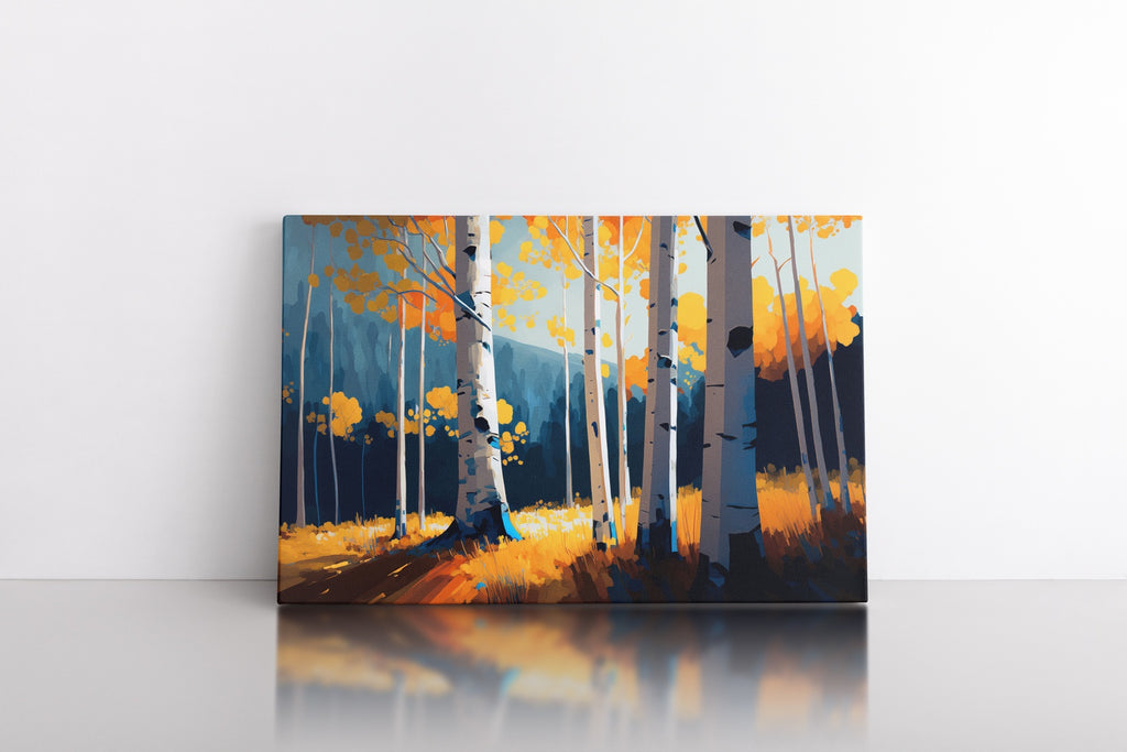 A landscape artwork featuring a forest in fall colors.