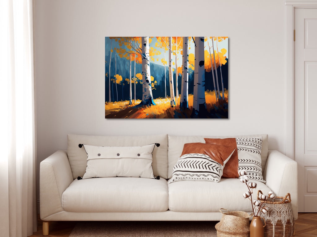 A large autumn art print featuring aspen trees. 