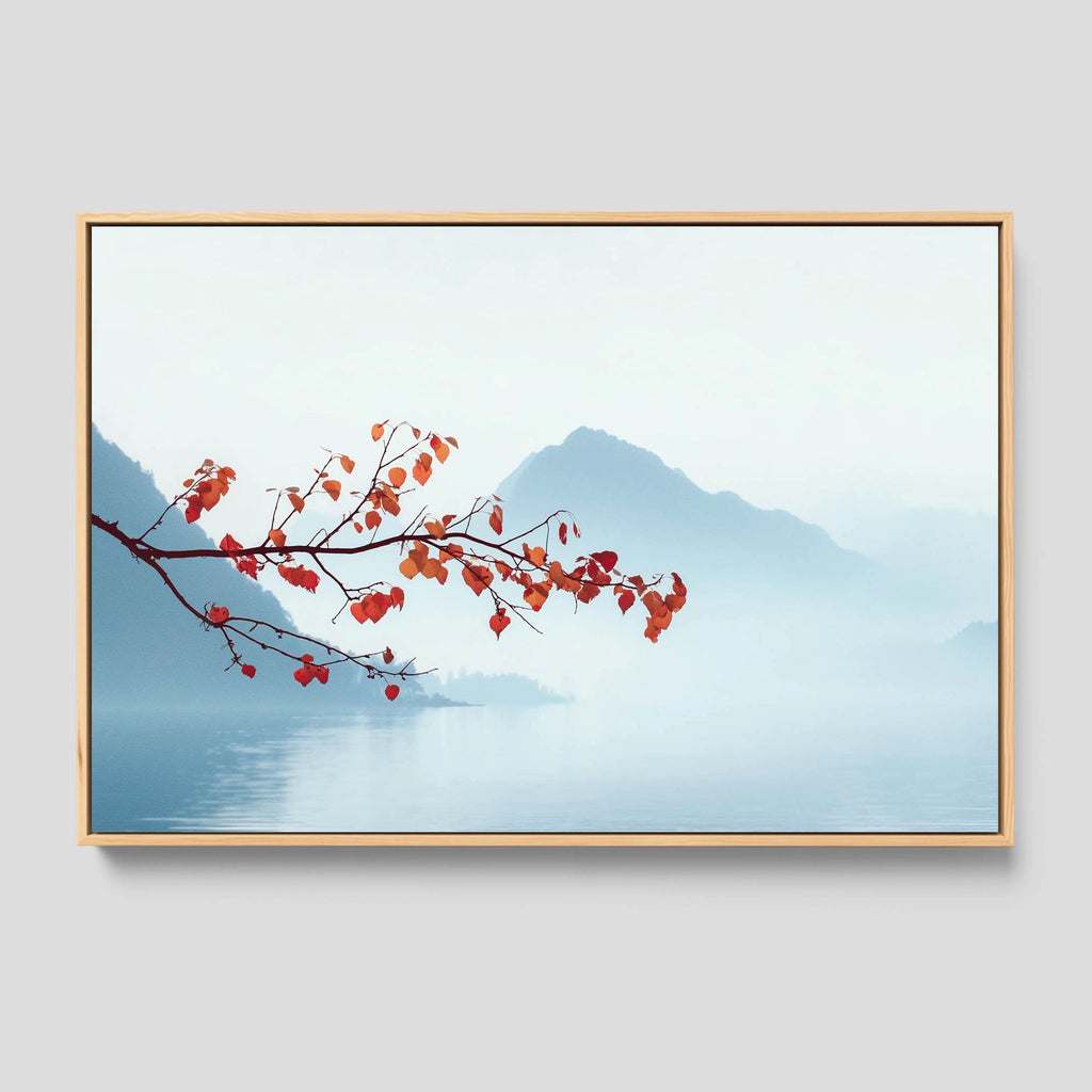 A single autumn branch leans into view, framed by a lake and distant mountain in this quiet watercolor landscape.