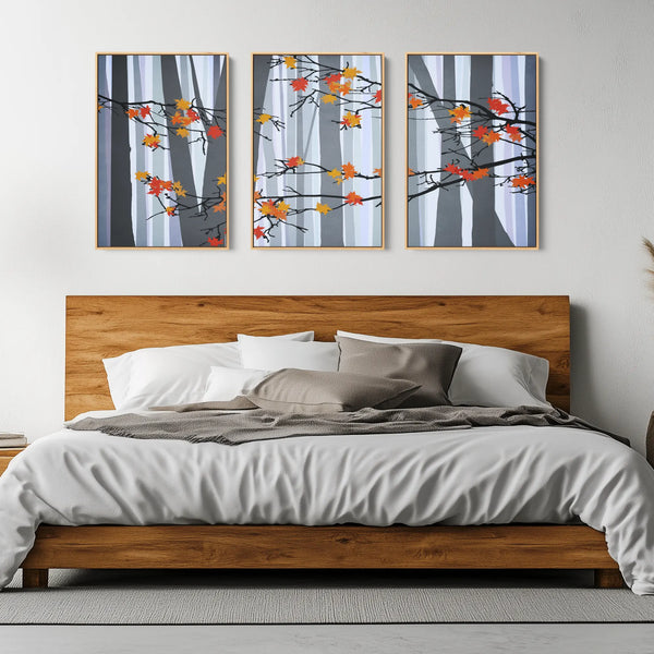 A set of three nature art prints featuring an autumn forest scene.