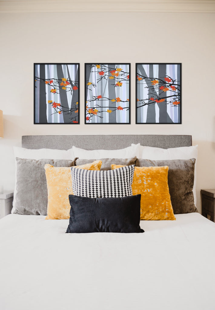 A set of three nature art prints featuring an autumn forest scene.