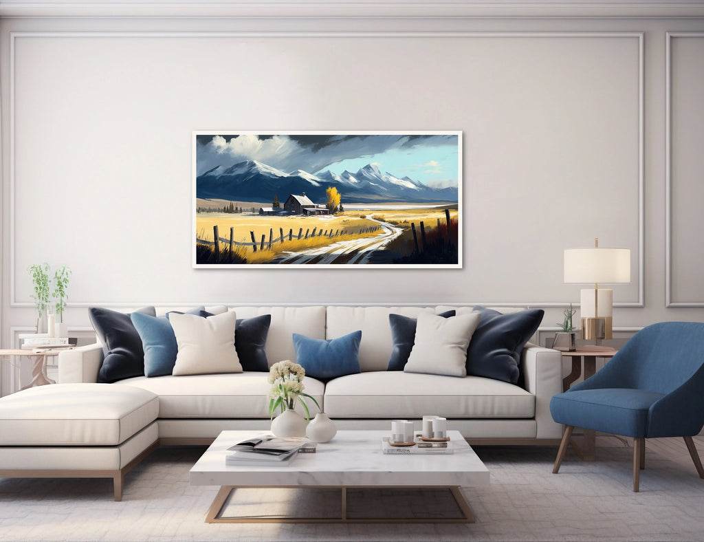 A large country landscape painting on stretched canvas.