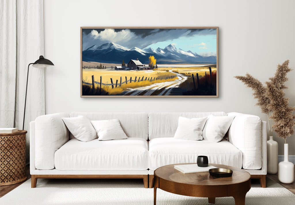 A landscape artwork featuring farmland with mountain backdrop.