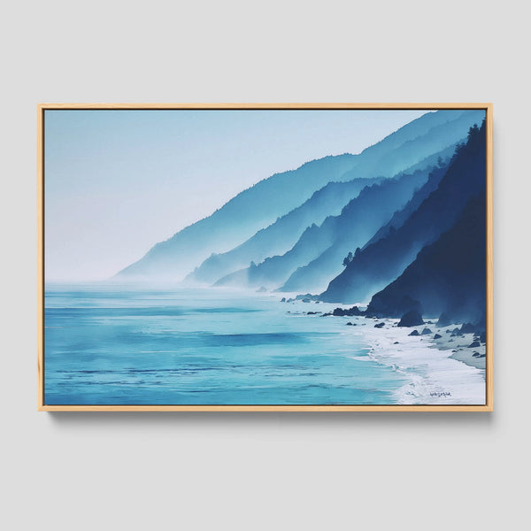 Big Sur landscape wall art featuring the dramatic cliffs and coastal light of California’s shoreline in soft, flowing watercolor tones.