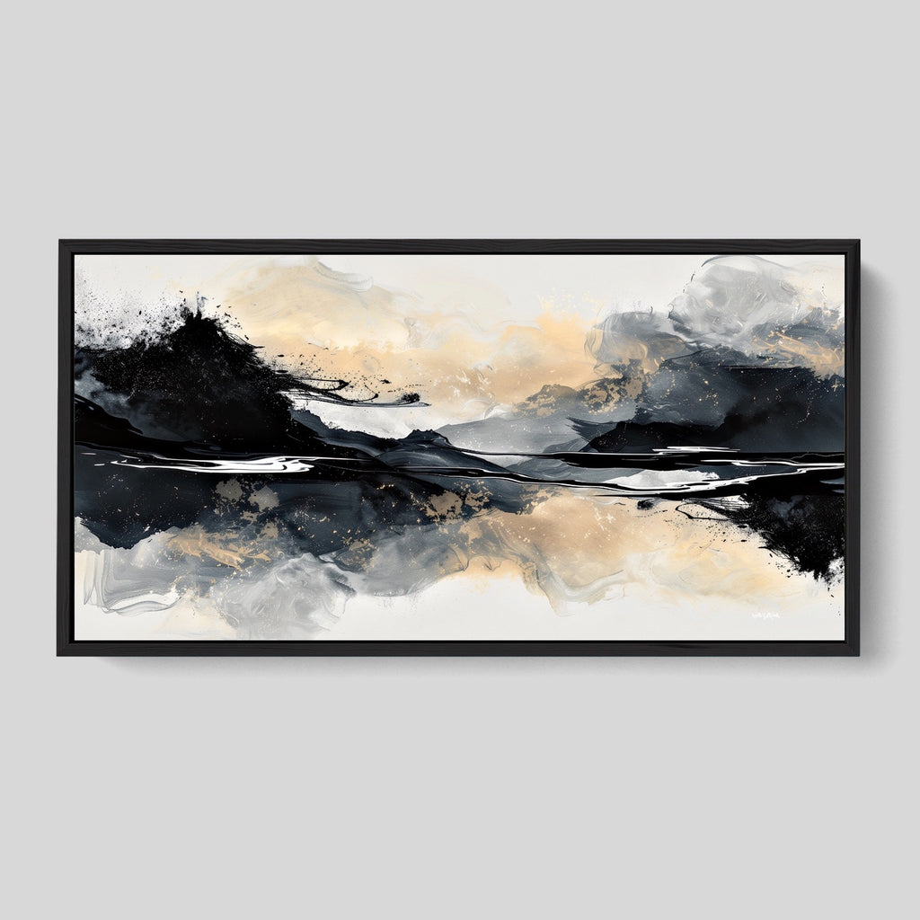 Framed Abstract Neutral Artwork in Black and Gold.