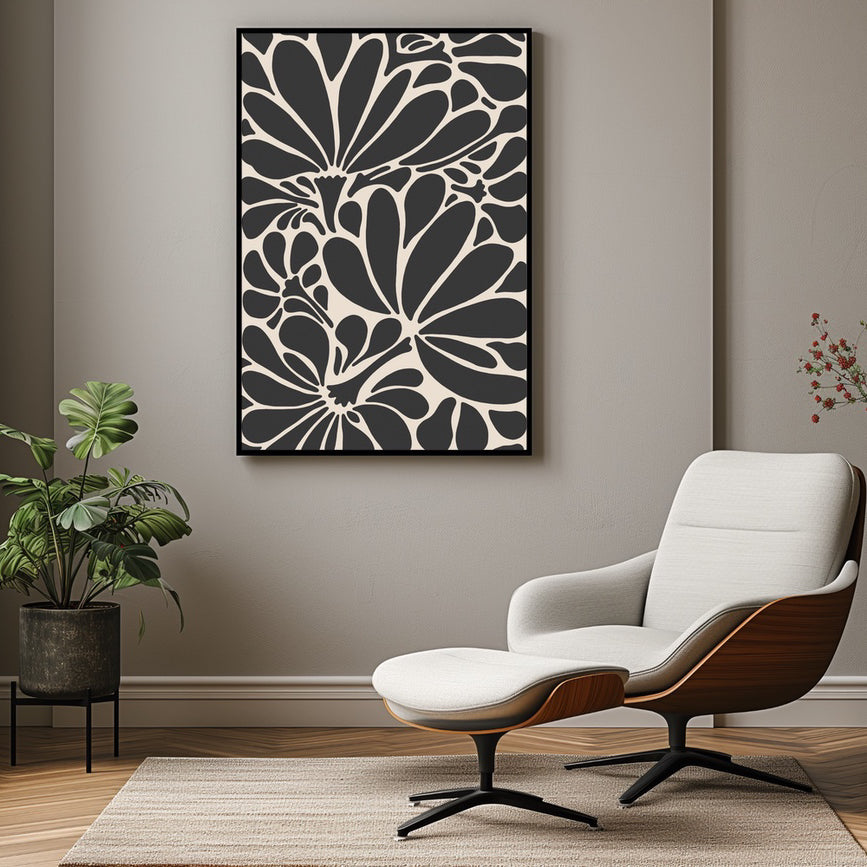 A large botanical art print in black and cream.