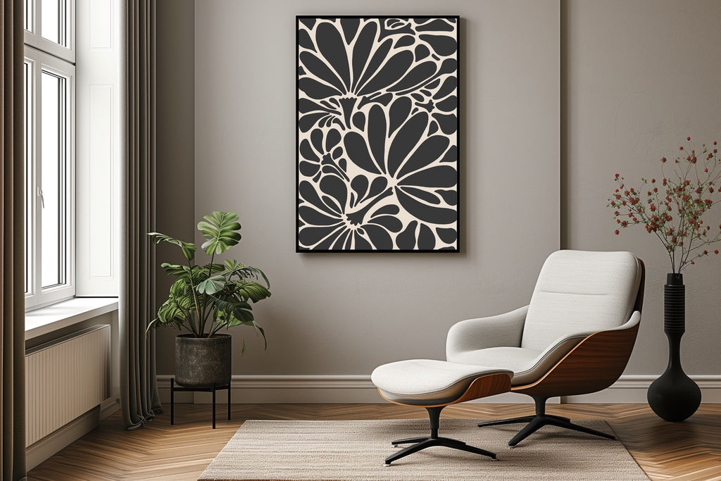 A large botanical art print in black and cream.