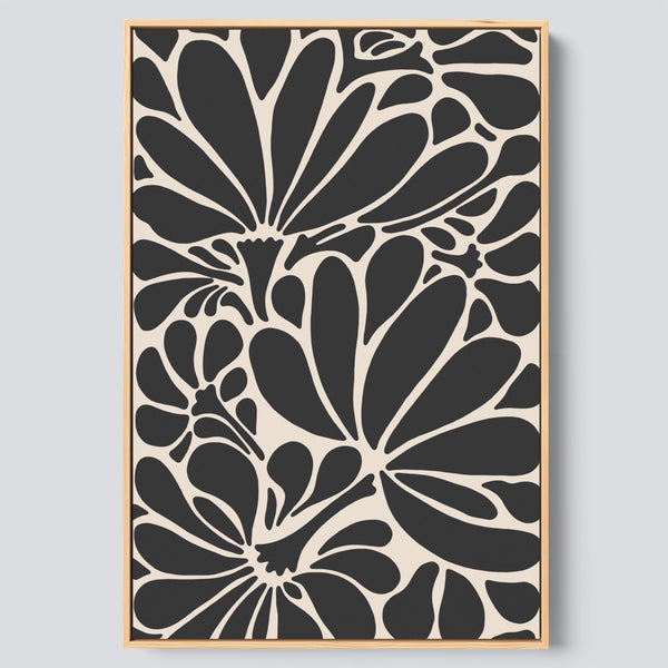 A modern abstract framed botanical canvas wall art in neutral colors. 