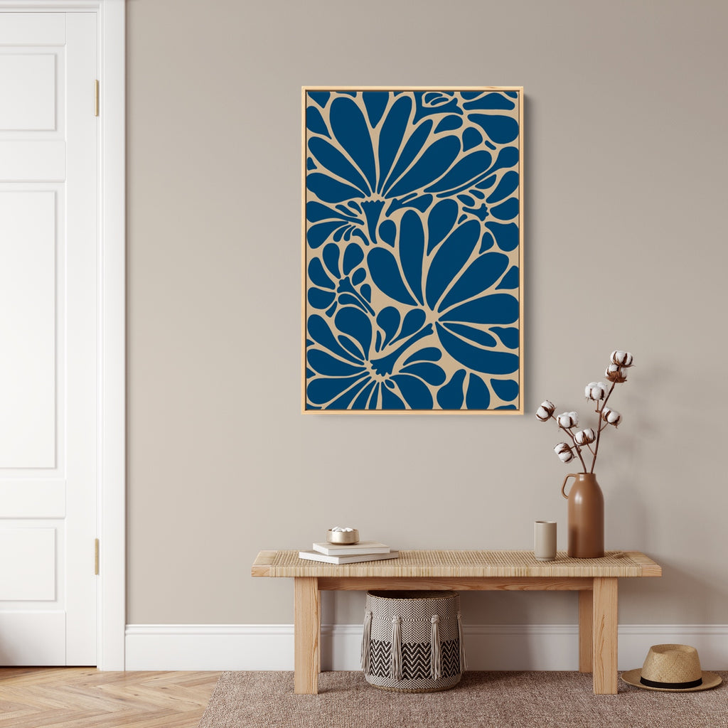 A modern boho wall art in blue and beige.