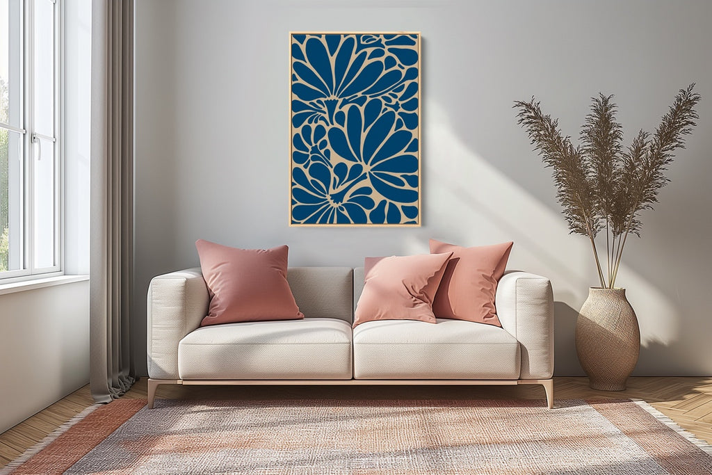 A large minimal floral art print in navy blue. 