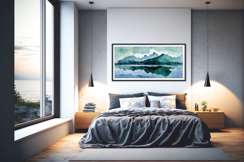 A large abstract landscape art print in blue and green. 