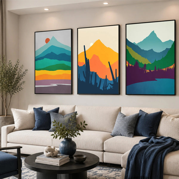 Minimalist landscape canvas wall decor set in warm mid century colors.