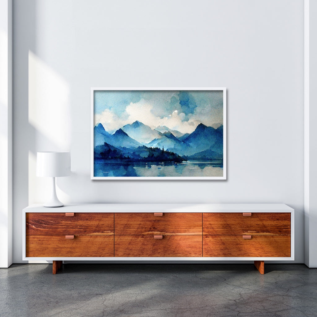Mountain Watercolor Wall Art in Blue.