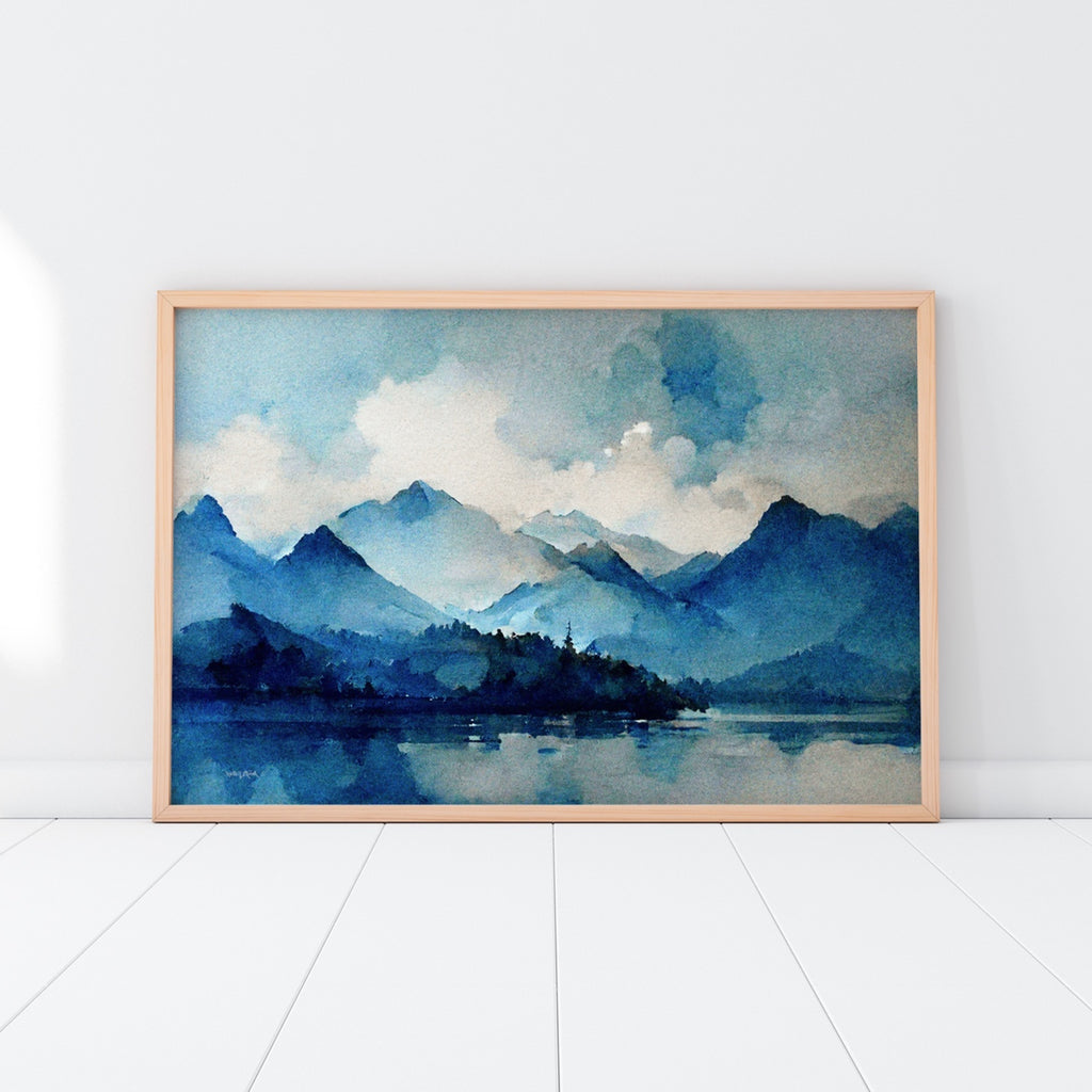 Mountain Watercolor Art Print in shades of Blue.