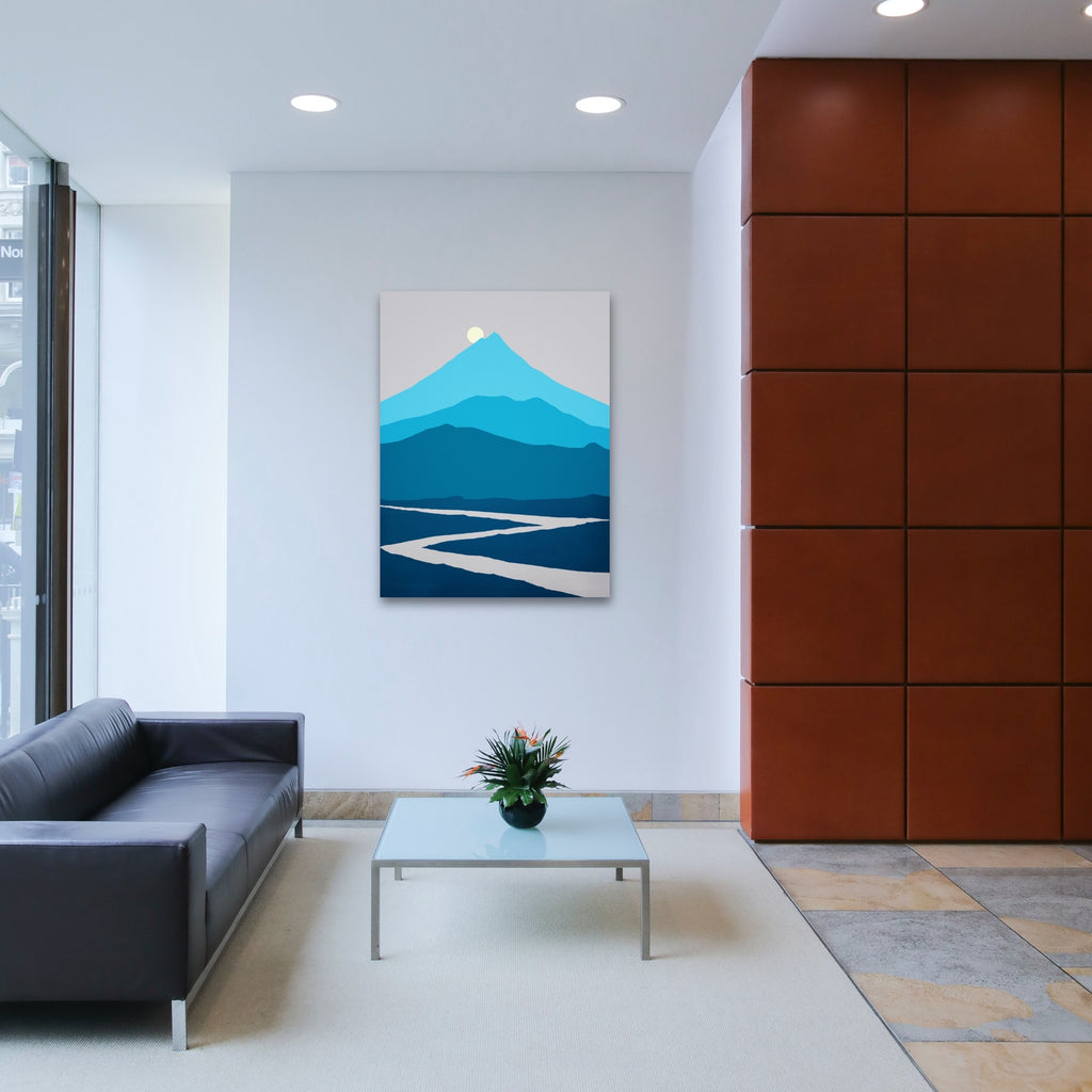 A simplistic vertical landscape art in shades of blue.