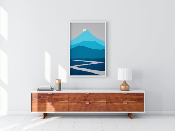 A minimalist mountain wall decor in blue and gray.