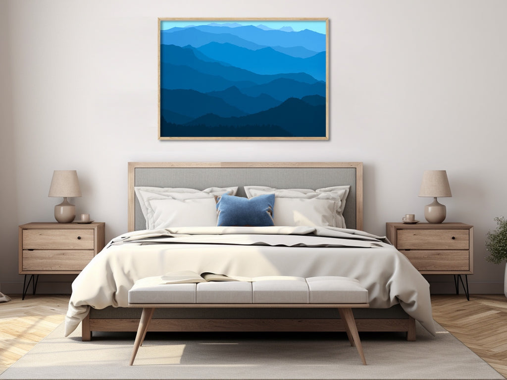 Modern Minimalist Nature Wall Art in Blue featuring Blue Ridge Mountains.