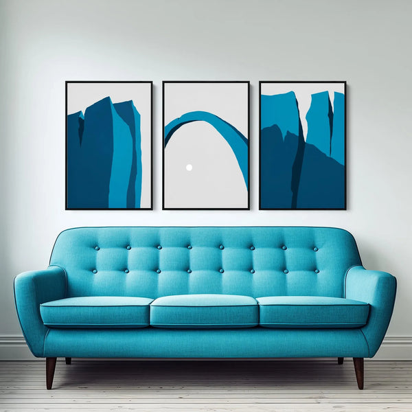 A 3 piece minimal canyon wall decor in blue.