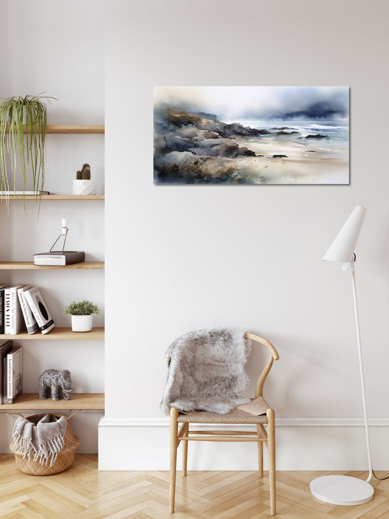 A large coastal landscape artwork in neutral colors.