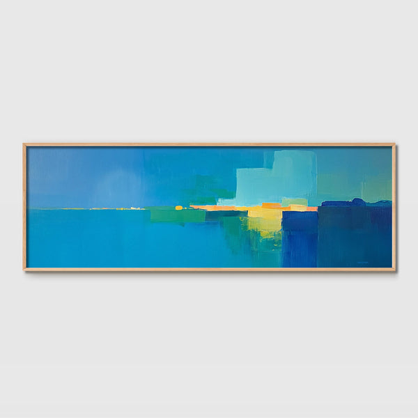A huge framed wall decor featuring shades of blue and vibrant flashes of yellow.