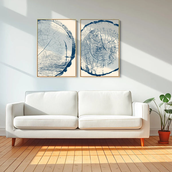 Modern Tree Ring Artwork Set in Blue and Cream.